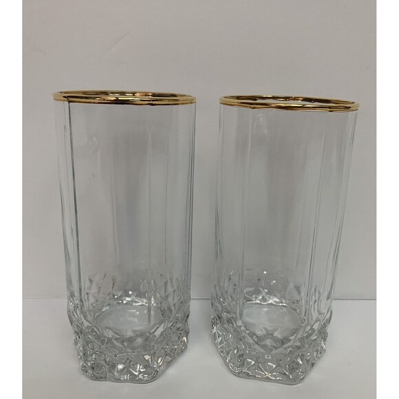 Vintage Pasabahce 24k Gold Rim Tumbler Glasses Set Of 2 Diamond Pattern Turkey - Picture 1 of 5